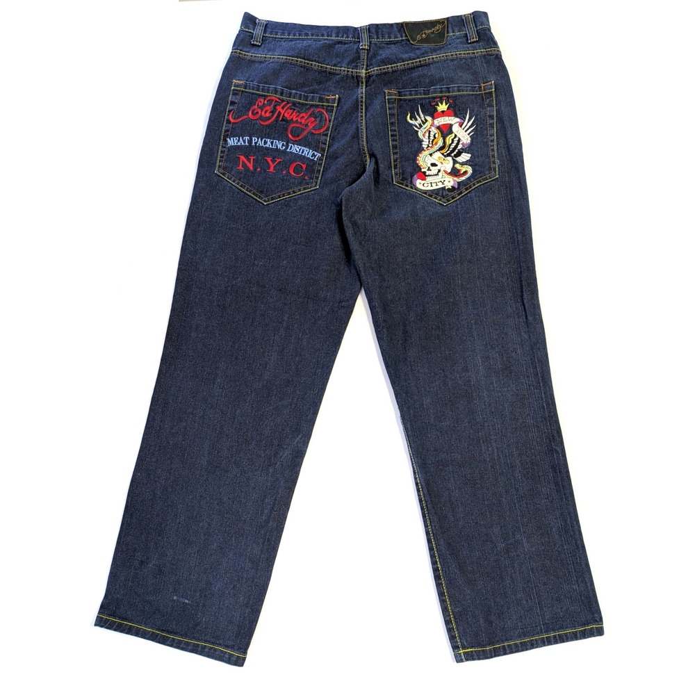 "Ed Hardy" Mens Y2K Dark Wash Embroidered NYC Skull Wide Leg Jeans Size 38x34 *